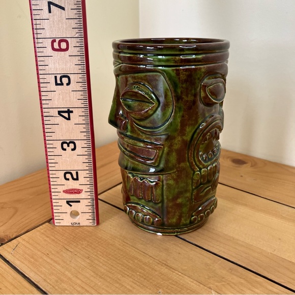 Hawaiian Tiki Double Face Mug Green & Brown Glaze Ceramic Cup with Handle 20 oz - Picture 2 of 9
